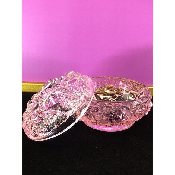 Vintage Fenton Art Glass Powder Jar Trinket Box with Lid Transparent Pink Floral - Picture 14 of 16